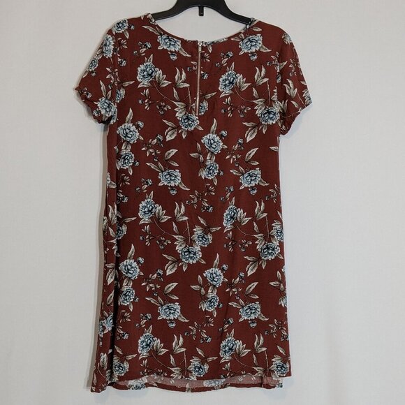 FOREVER 21 Rust Brown/Blue Floral Short Sleeve Flared Mini Dress; Size S - Picture 2 of 3